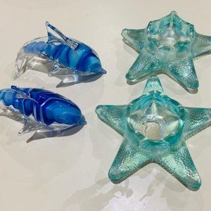 LOT Hand Blown Art Glass Dolphin Murano Figurine + Starfish Candle Votive Holder